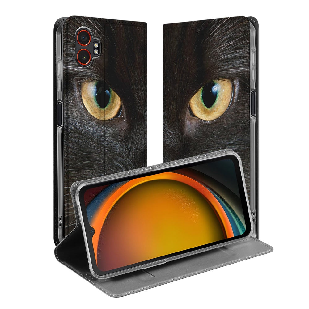 Samsung Galaxy Xcover 7 Pro Book Wallet Case Zwarte Kat kat oog ontwerp aanzicht