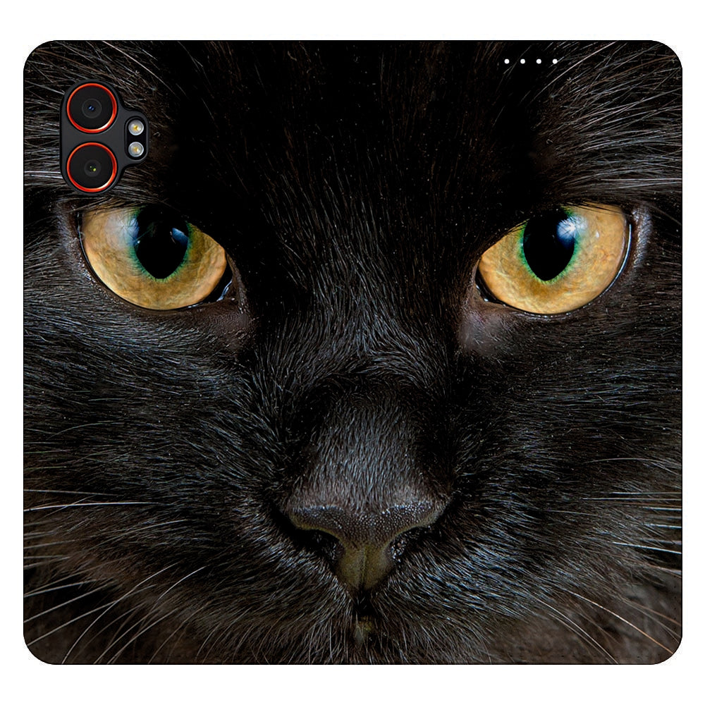 Samsung Galaxy Xcover 7 Pro Book Wallet Case Zwarte Kat kattenkop close-up