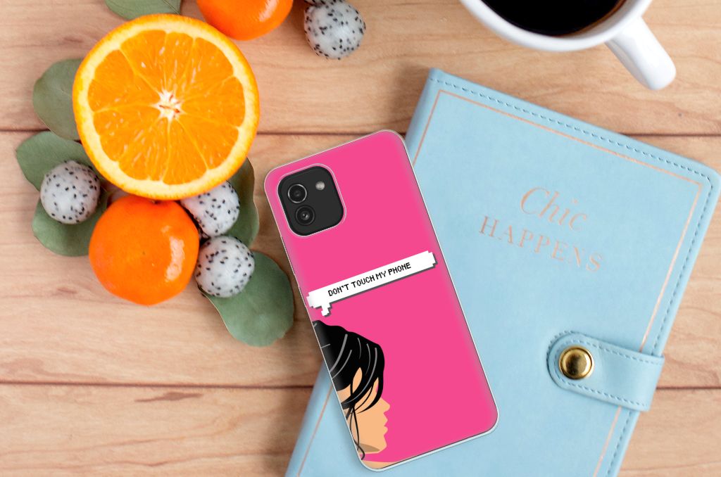 Samsung Galaxy A03 Silicone-hoesje Woman Don't Touch My Phone design voorkant