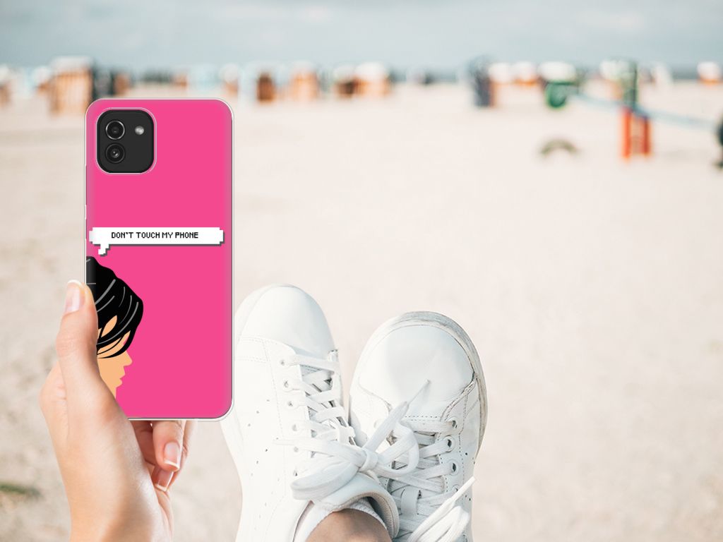 Samsung Galaxy A03 Silicone-hoesje Woman Don't Touch My Phone design detail