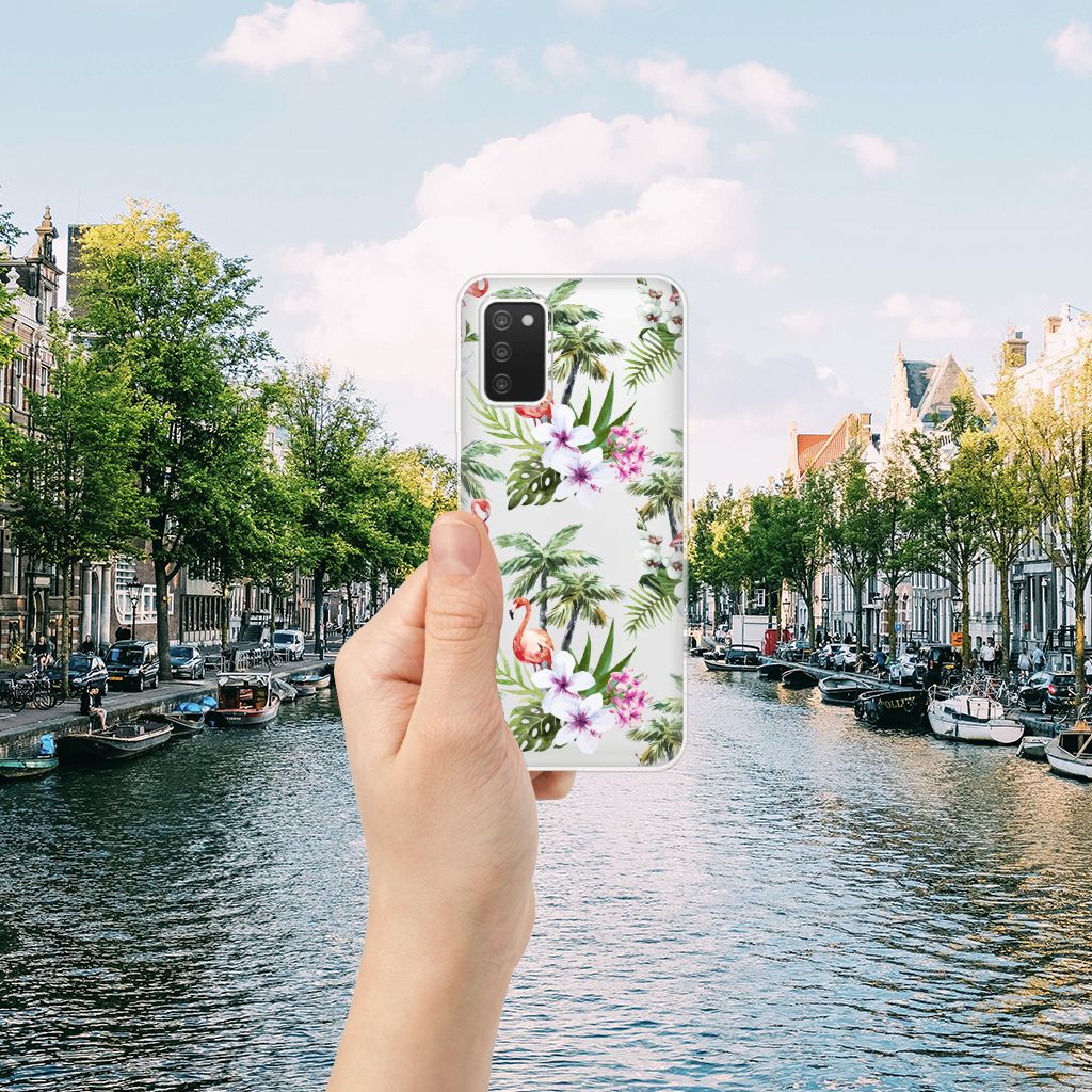 Samsung Galaxy A03S TPU Hoesje Flamingo Palms palmbladeren flamingo bloemen hand