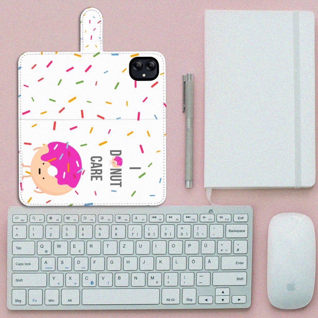 Samsung Galaxy A04e Book Cover Donut Roze met donut en sprinkles, perfect cadeau voor bescherming en gebruiksgemak.