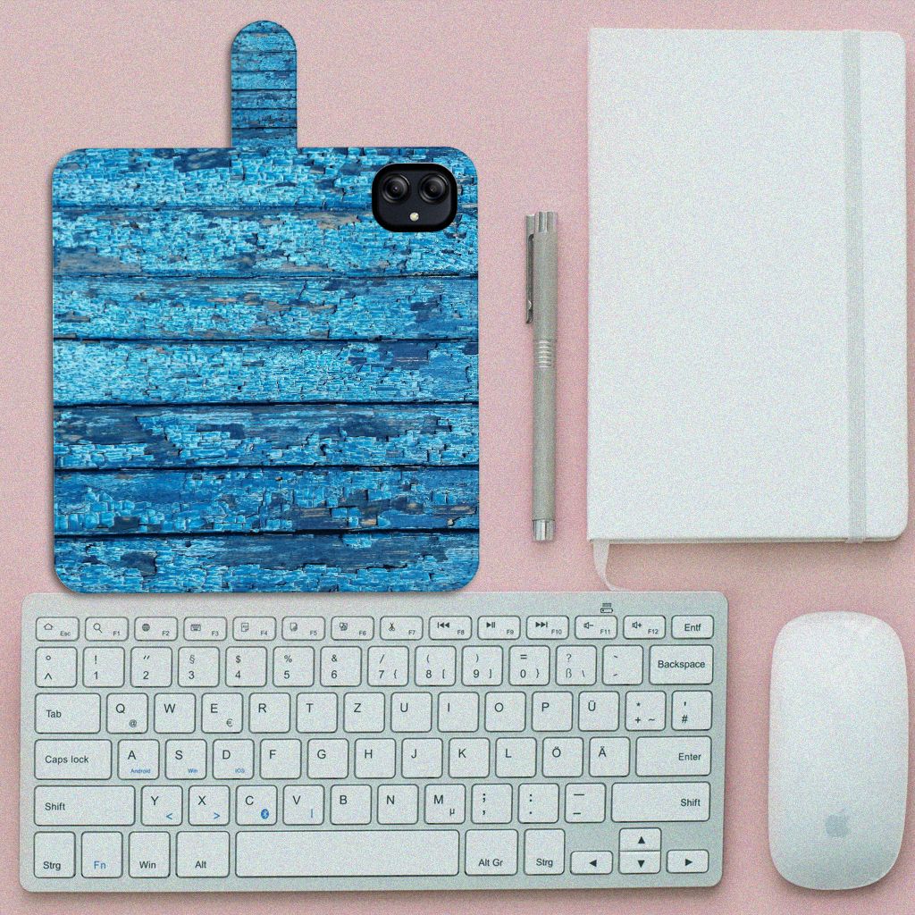 Samsung Galaxy A04e Book Style Case Wood Blue blauw afgebladderd hout bovenaanzicht