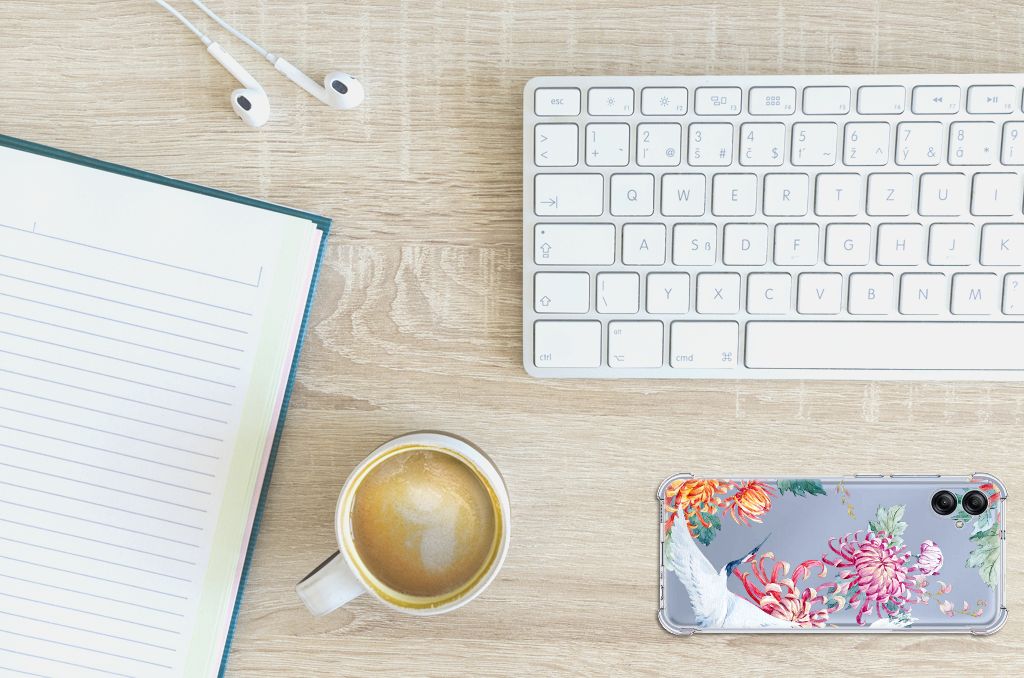 Samsung Galaxy A04e Case Anti-shock Bird Flowers bovenaanzicht toetsenbord notitieboek koffie