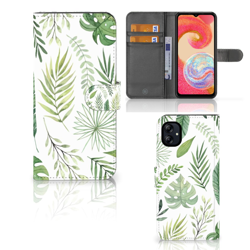 Samsung Galaxy A04e Hoesje Leaves telefoonhoesje bladeren design voorzijde en binnenzijde