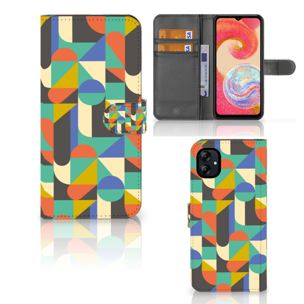 Zijaanzicht van Samsung Galaxy A04e Telefoon Hoesje Funky Retro met kleurrijk patroon en pasjeshouder 📱🎨
