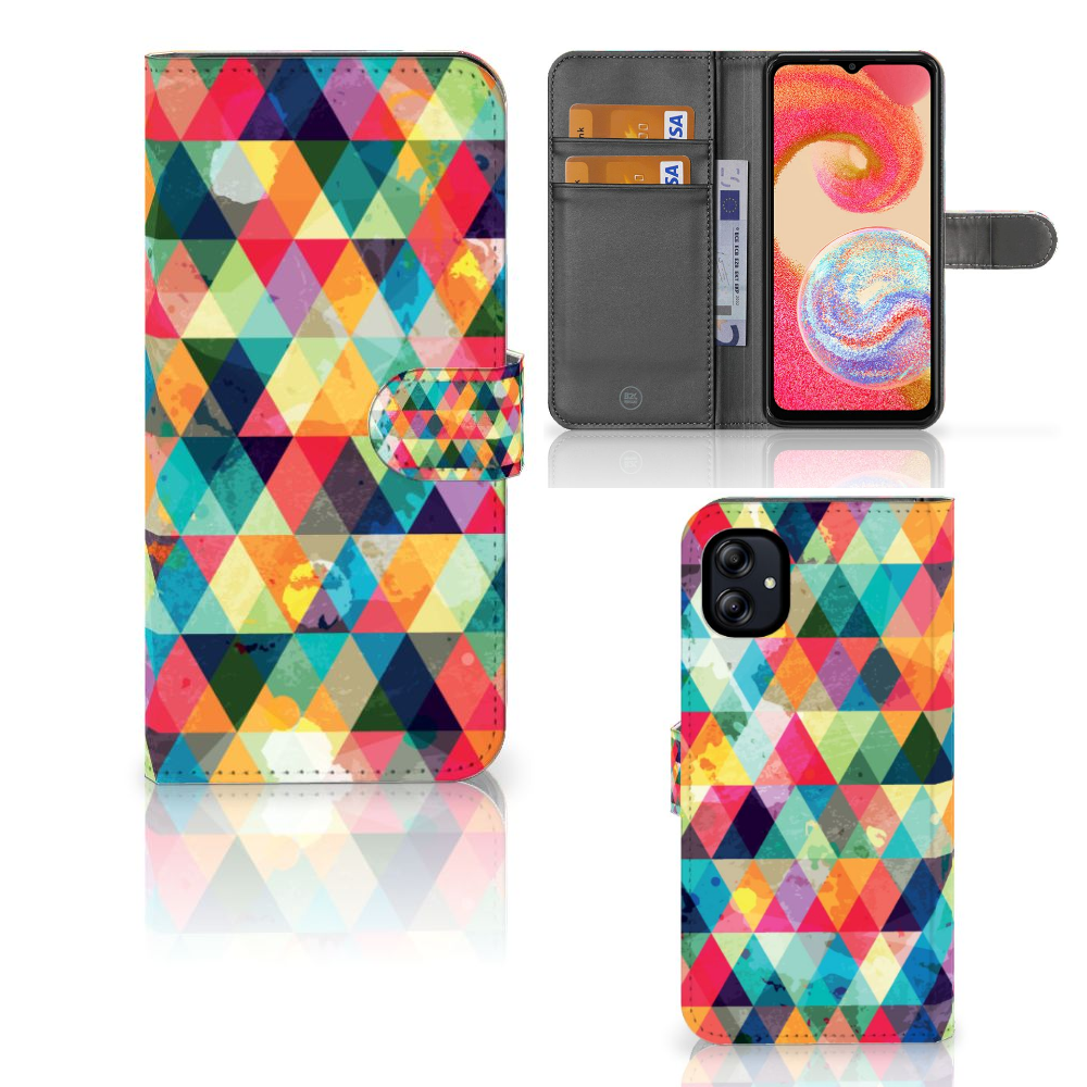 Samsung Galaxy A04e Telefoon Hoesje Geruit driehoekig bookcase voorkant binnenkant