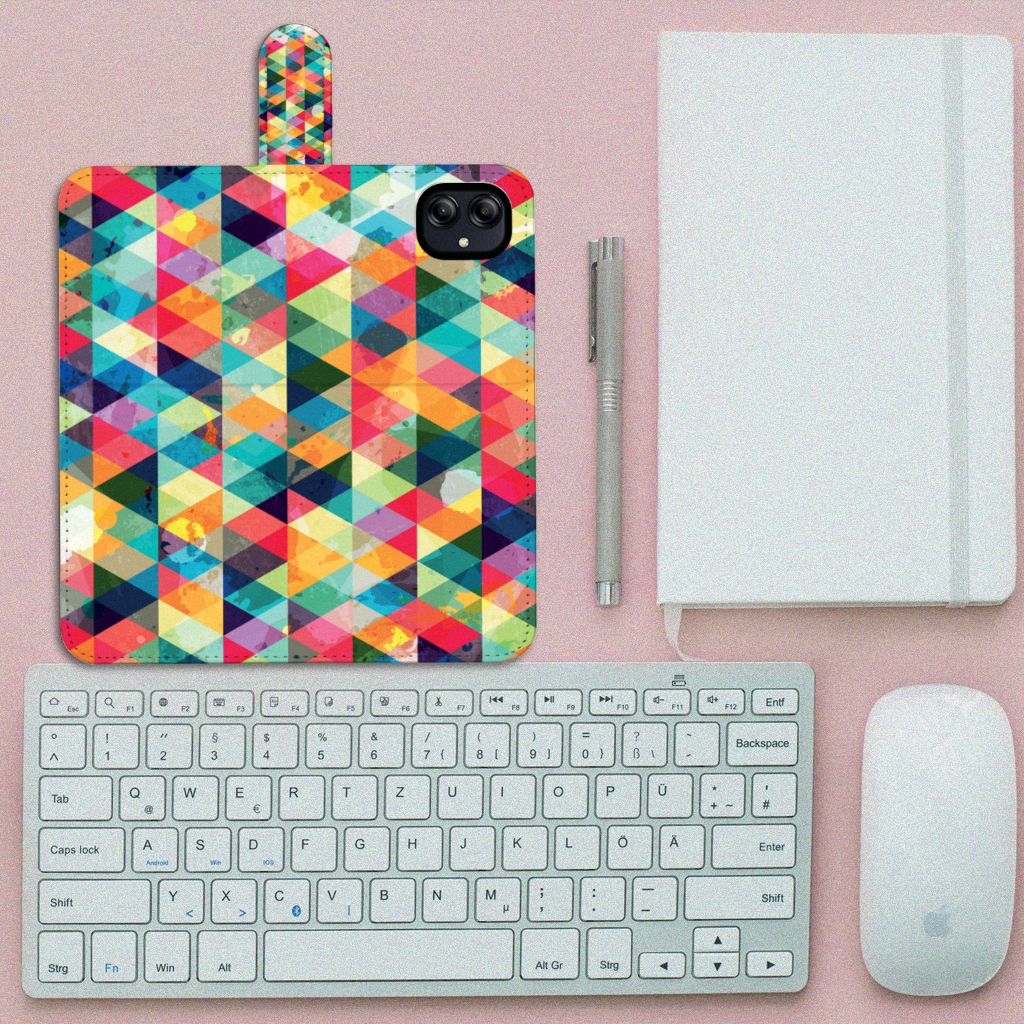 Samsung Galaxy A04e Telefoon Hoesje Geruit kleurrijk geometrisch design bovenaanzicht