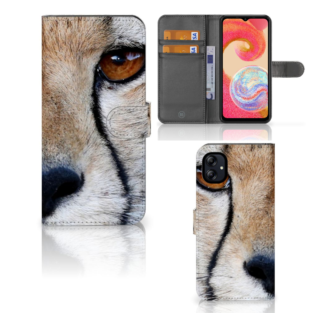 Samsung Galaxy A04e Telefoonhoesje met Pasjes Cheetah close-up van cheeta oog en pasjes ruimte