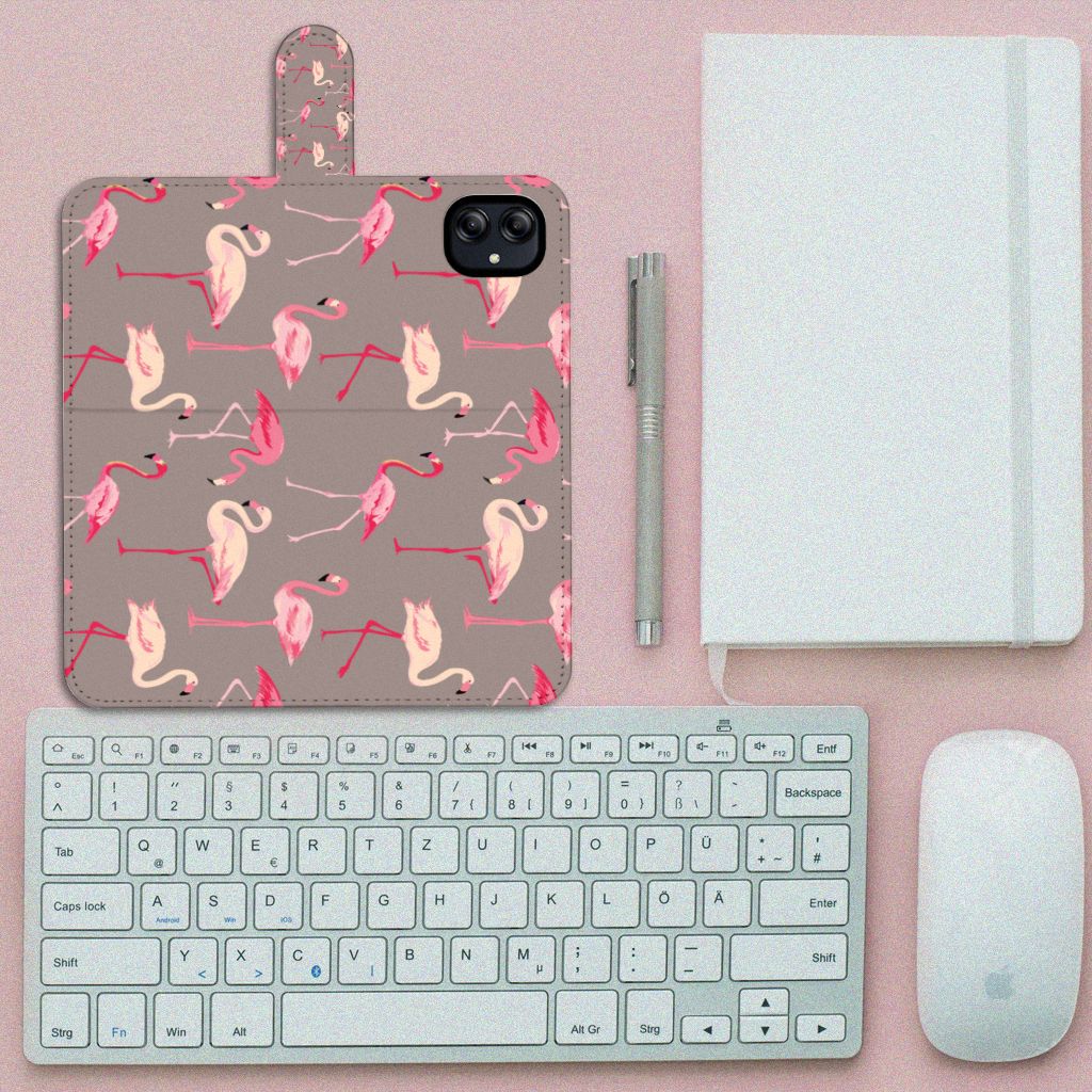 Samsung Galaxy A04e Telefoonhoesje met Pasjes Flamingo design flamingo bovenaanzicht