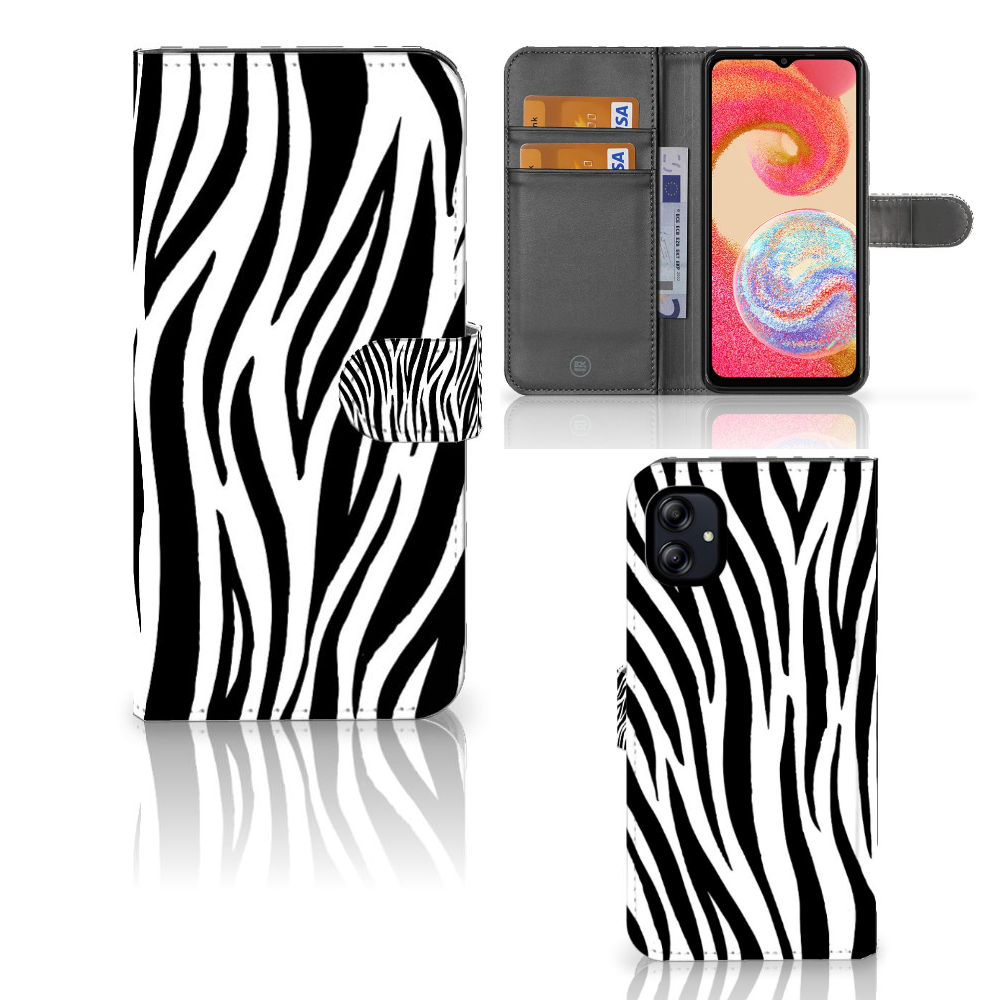 Samsung Galaxy A04e Telefoonhoesje met Pasjes Zebra zebraprint design voorzijde achterzijde