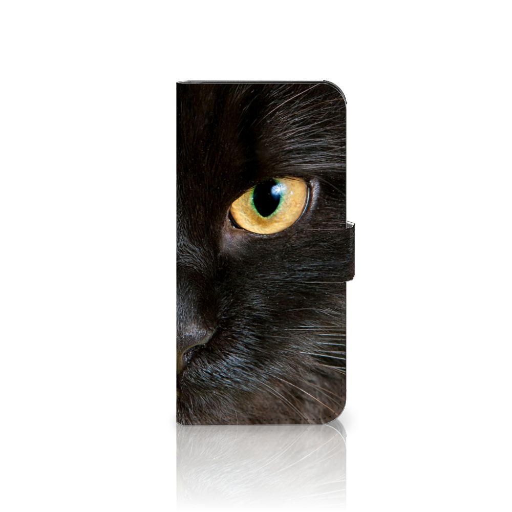 Samsung Galaxy A04e Telefoonhoesje met Pasjes Zwarte Kat, design met mysterieus zwart kattengezicht 🐱.