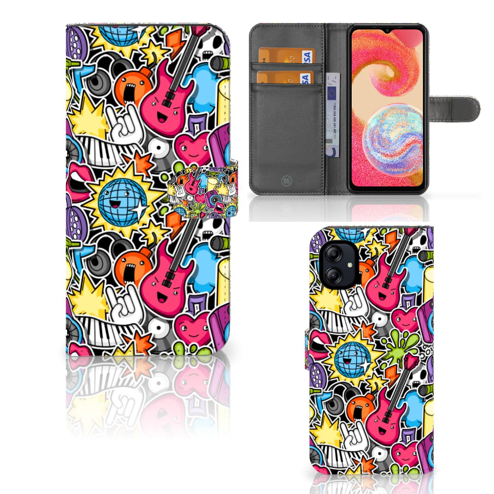Samsung Galaxy A04e Wallet Case met Pasjes Punk Rock design gitaar kleuren aanzicht
