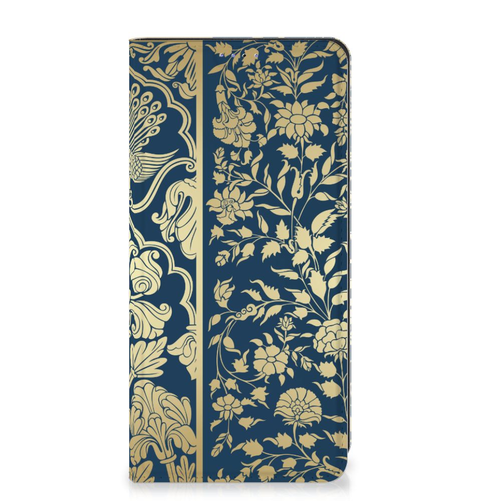 Samsung Galaxy A05 Smart Cover Beige Flowers hoesje bloemen donkerblauw
