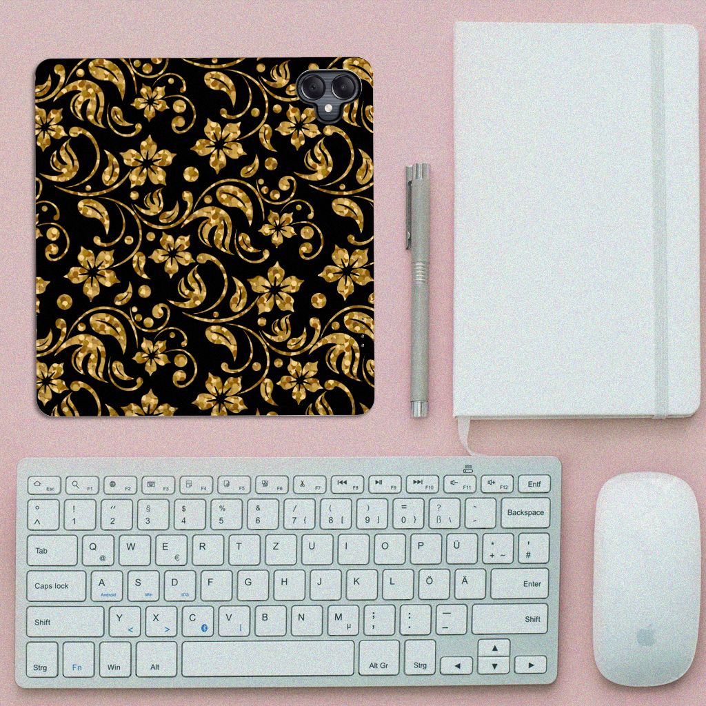 Samsung Galaxy A05 Smart Cover Gouden Bloemen design bovenaanzicht