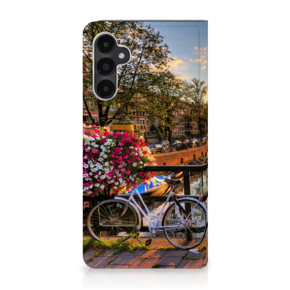 Samsung Galaxy A05s Book Cover Amsterdamse Grachten design fiets bloemen uitzicht