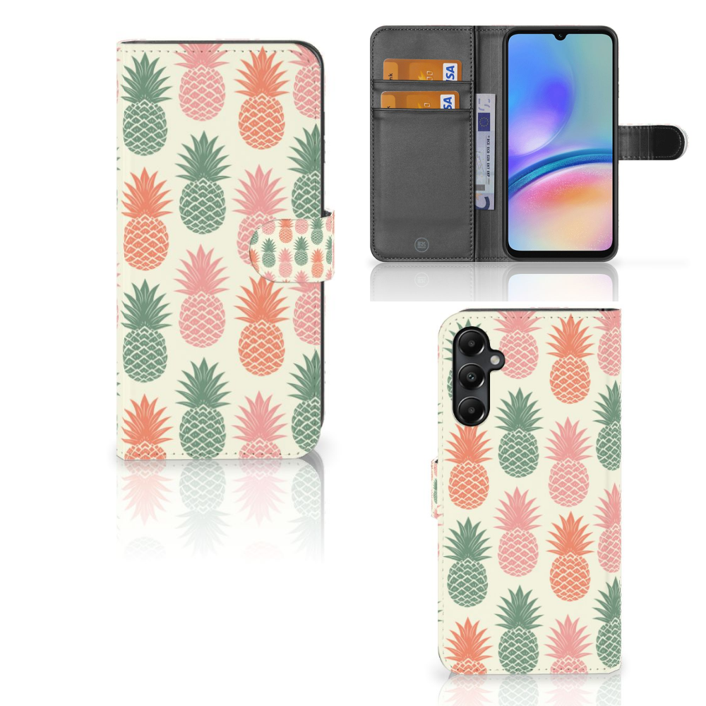 Samsung Galaxy A05s Book Cover Ananas hoesje ananas design voorkant binnenkant