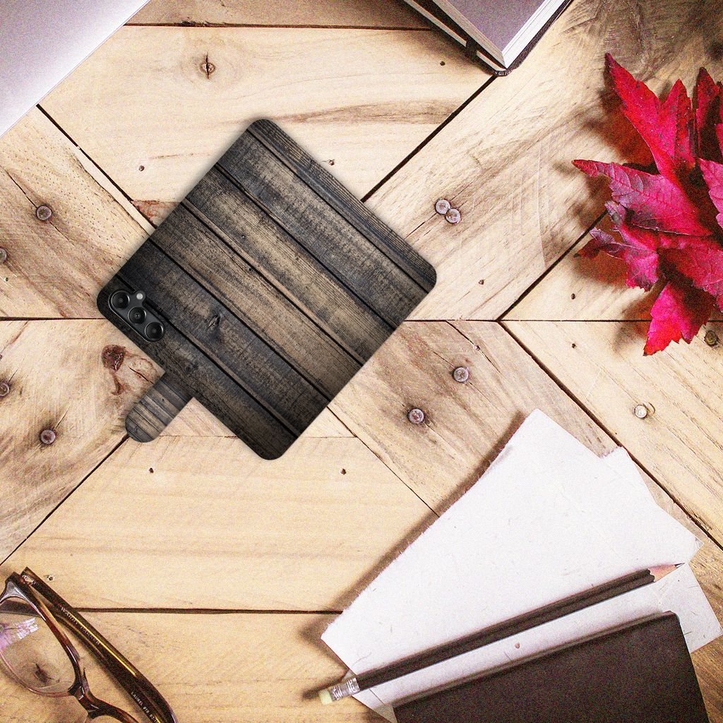 Samsung Galaxy A05s Book Style Case Steigerhout houten design bovenaanzicht