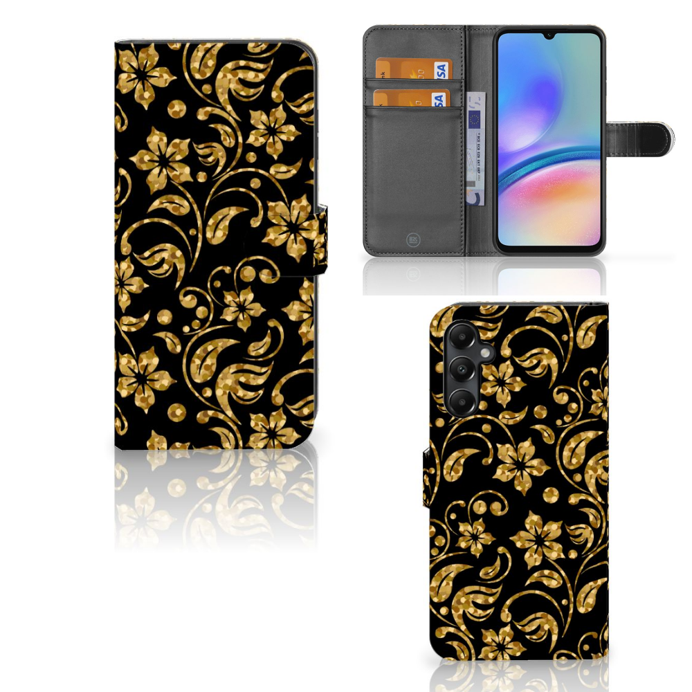 Samsung Galaxy A05s Hoesje Gouden Bloemen cover design gouden bloemen aanzicht