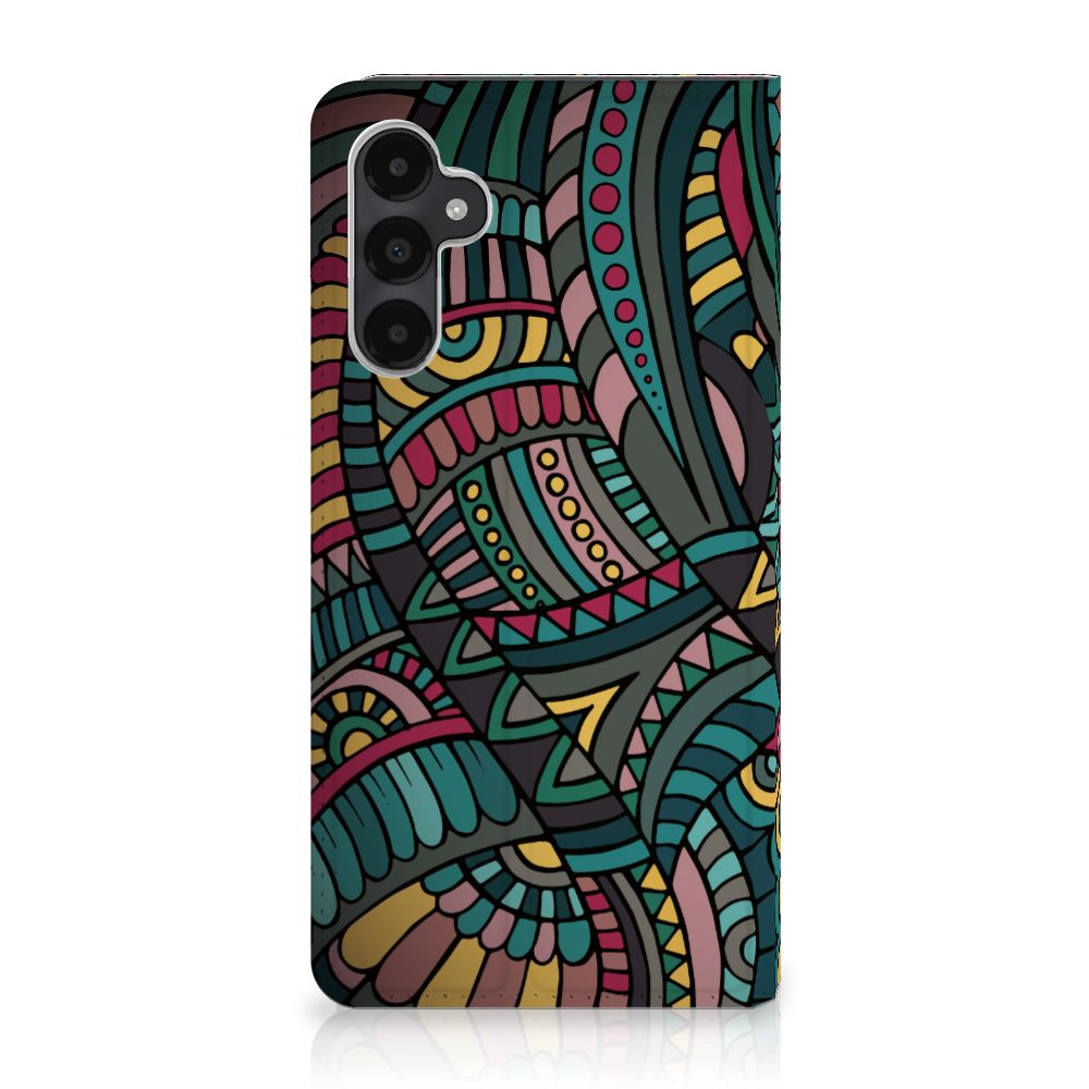 Samsung Galaxy A05s Hoesje met Magneet Aztec artistiek retro design kleuren zijaanzicht