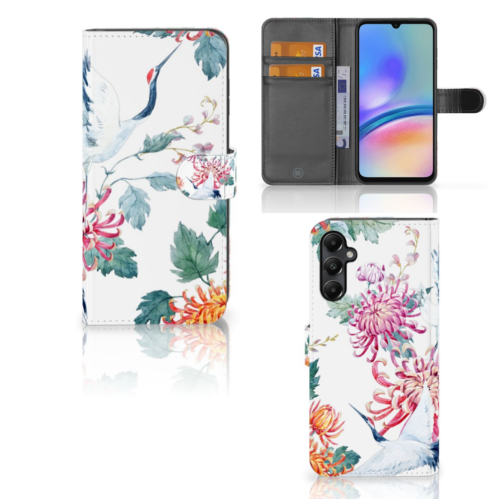 Samsung Galaxy A05s Telefoonhoesje met Pasjes Bird Flowers case design bloemen ooievaars aanzicht