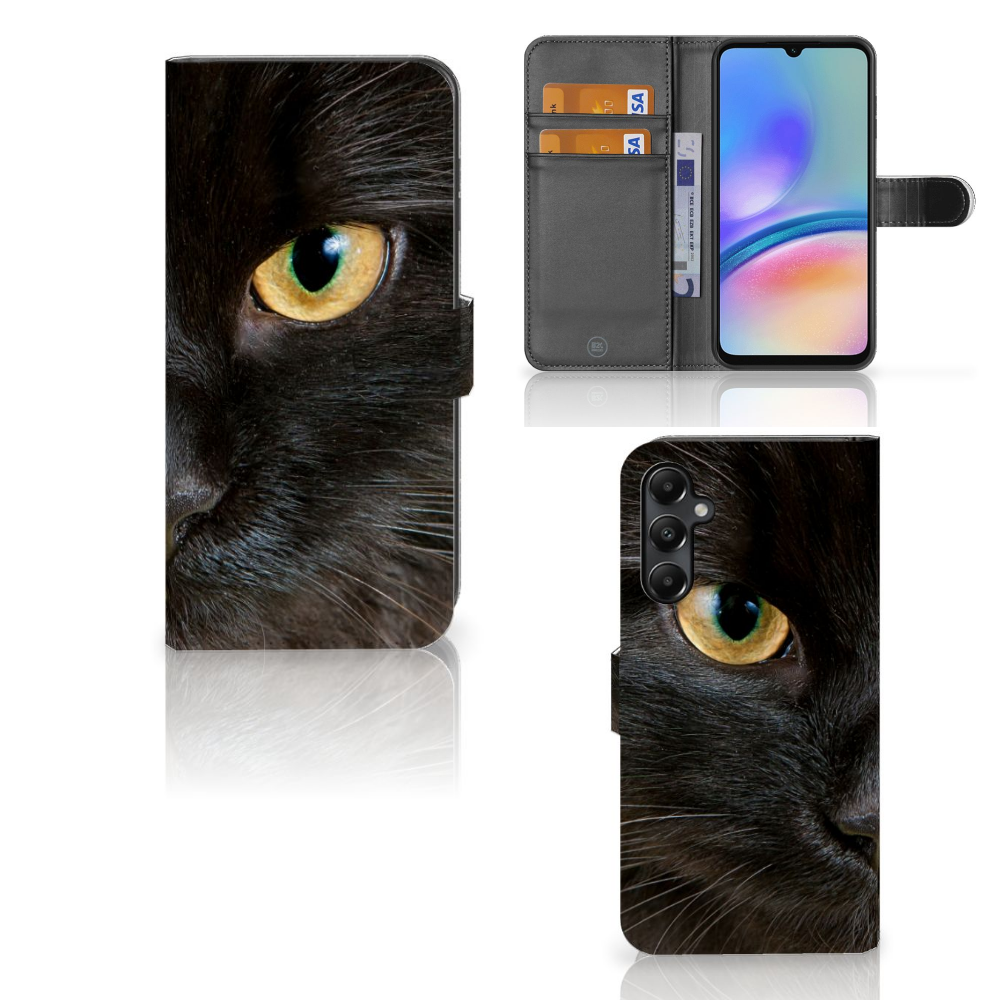 Samsung Galaxy A05s Telefoonhoesje met Pasjes Zwarte Kat design zwarte kat aanzicht
