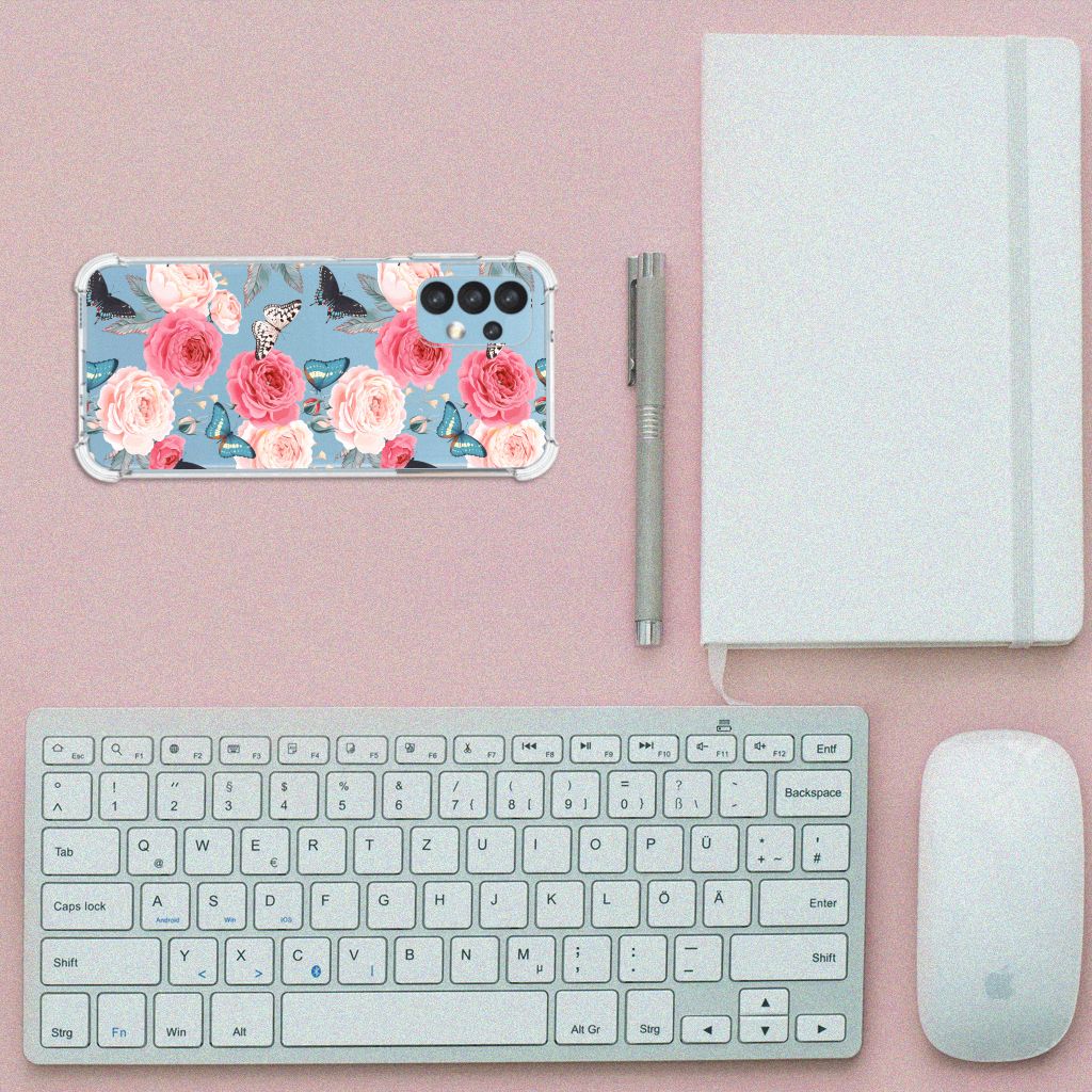 Samsung Galaxy A13 (4G) Case Butterfly Roses bovenaanzicht bureau toetsenbord muismat notitieboekje