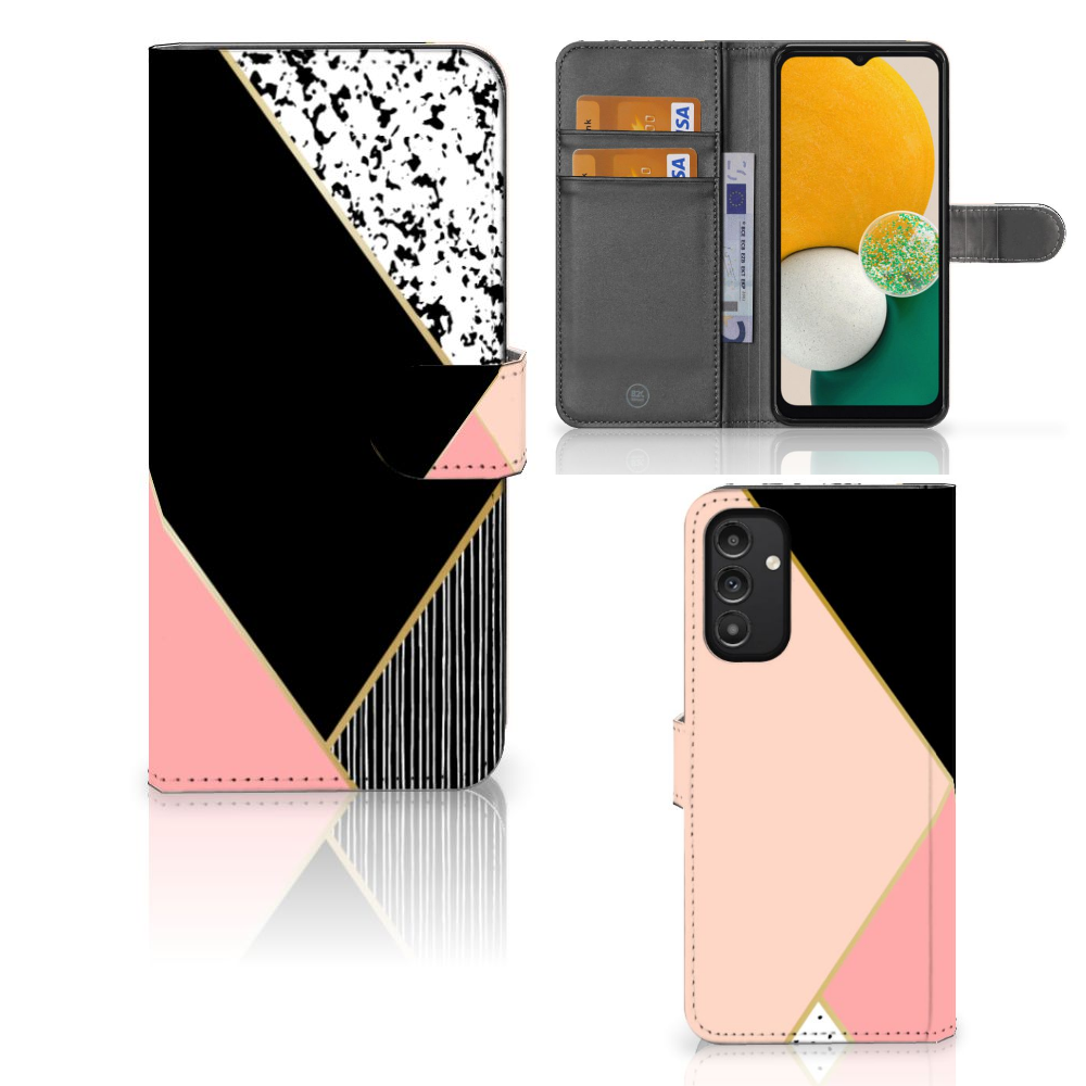 Samsung Galaxy A14 4G Book Case Zwart Roze Vormen met geometrisch ontwerp en ruimte voor 3 pasjes