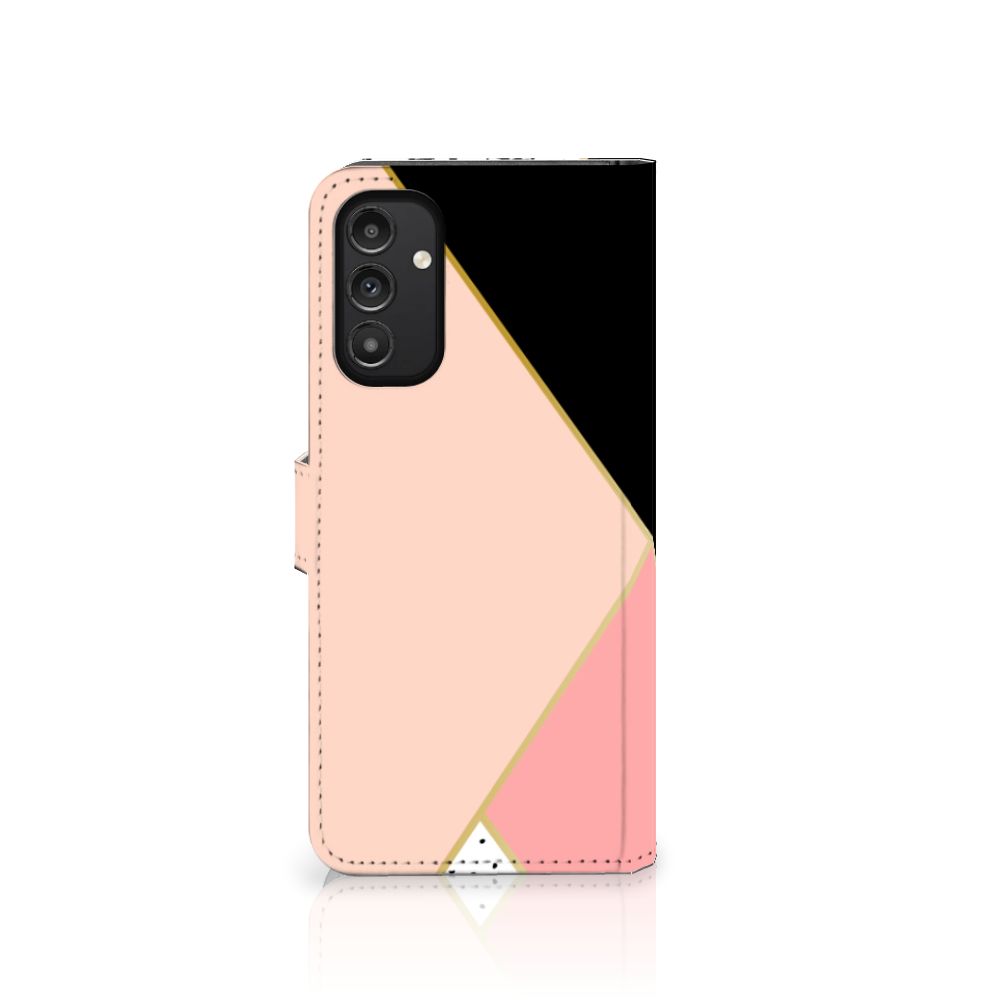 Samsung Galaxy A14 4G Book Case Zwart Roze Vormen met geometrisch ontwerp en ruimte voor 3 pasjes.