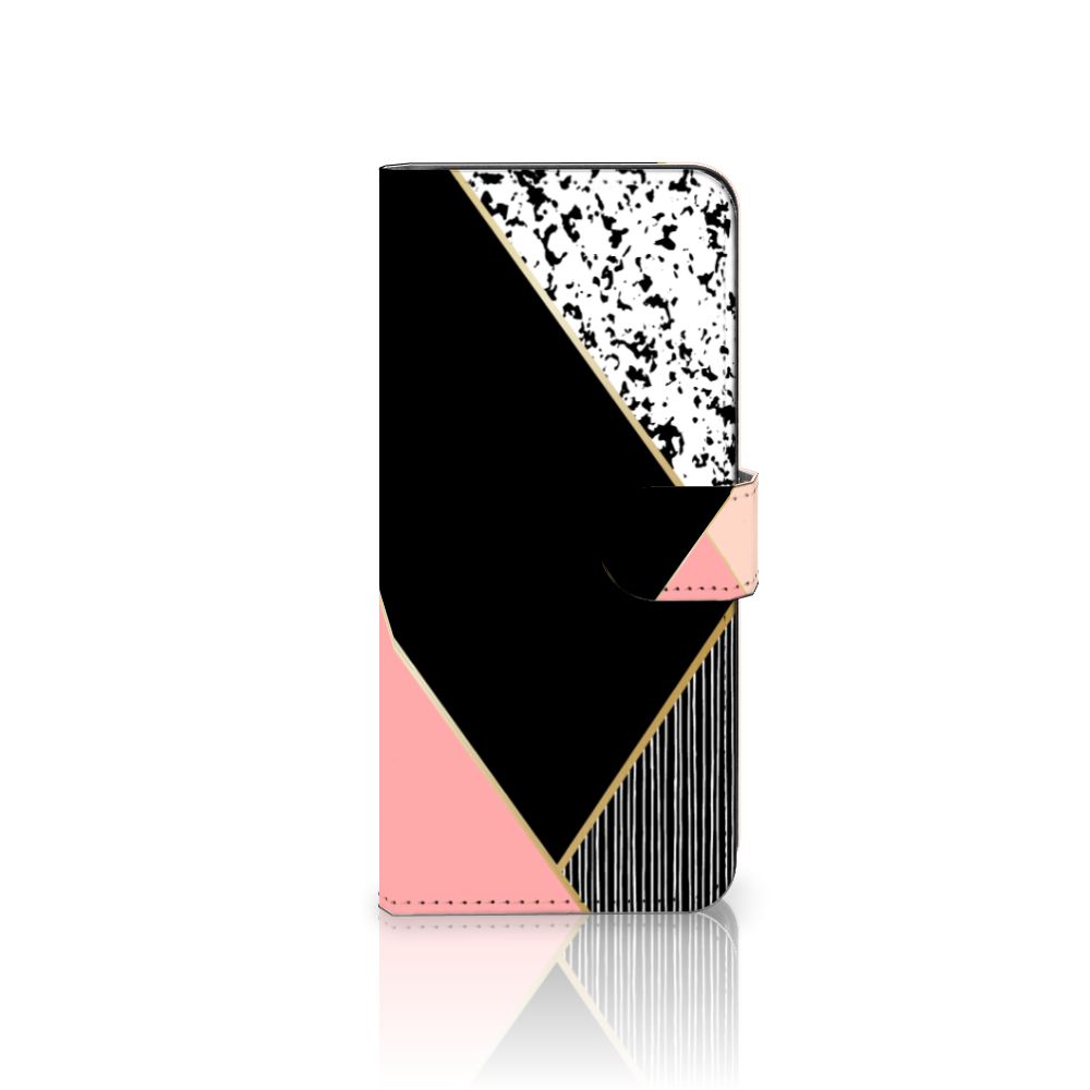 Samsung Galaxy A14 4G Book Case Zwart Roze Vormen met geometrisch design en ruimte voor 3 pasjes.