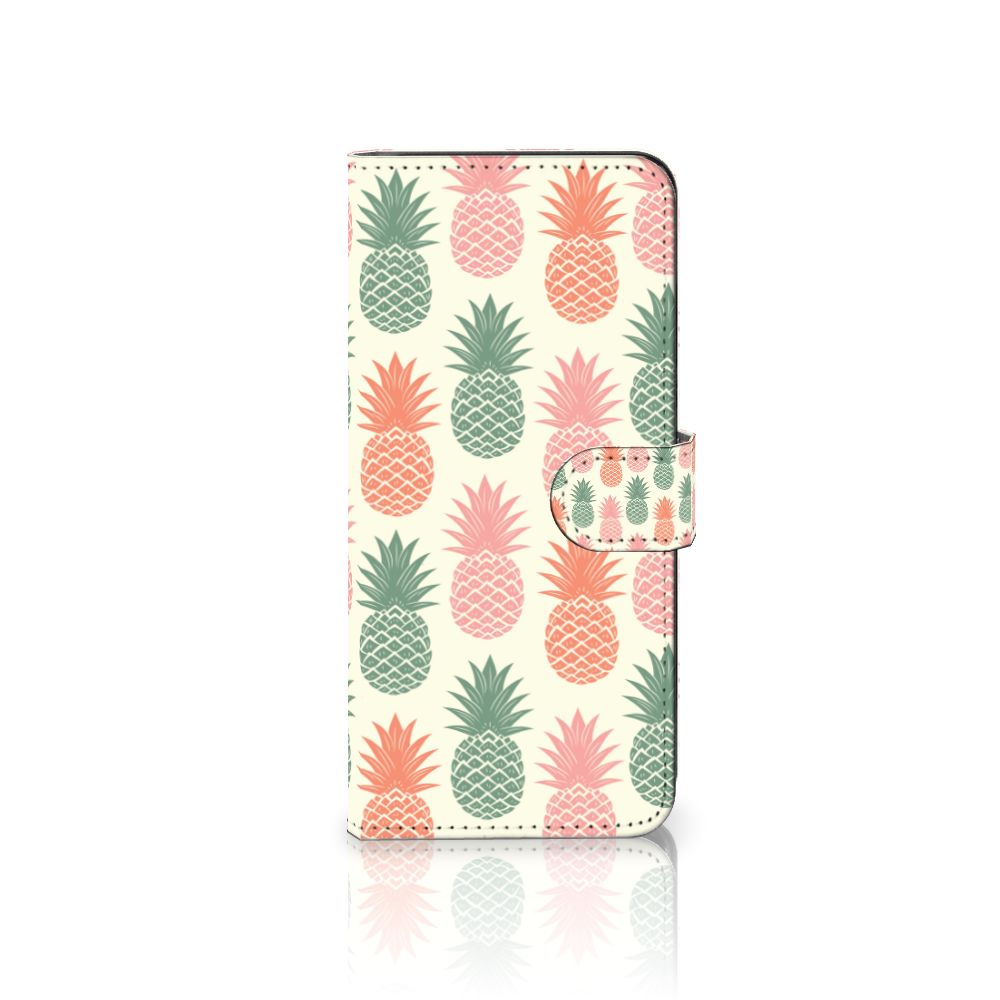 Samsung Galaxy A14 4G Book Cover Ananas met kleurrijke ananasprint in roze, rood en groen.