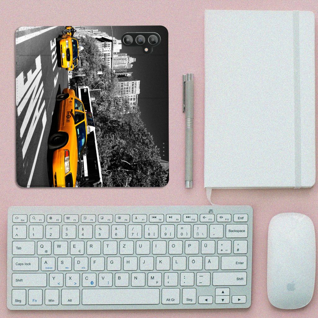 Samsung Galaxy A14 4G Book Cover New York Taxi design with yellow taxis on a city street.