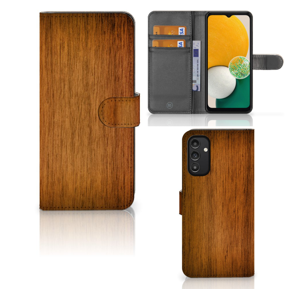 Samsung Galaxy A14 4G Book Style Case Donker Hout book case houtprint voorzijde achterkant