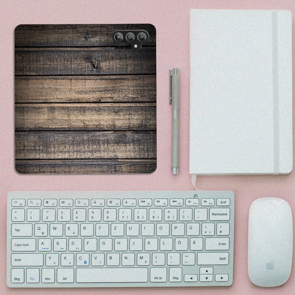 Samsung Galaxy A14 4G Book Wallet Case Steigerhout design with wooden texture on workspace table