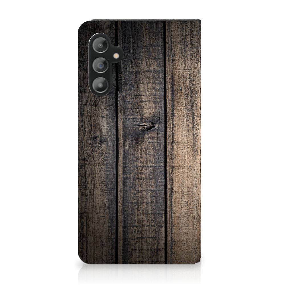Samsung Galaxy A14 4G Book Wallet Case Steigerhout met steigerhout print op houten achtergrond.