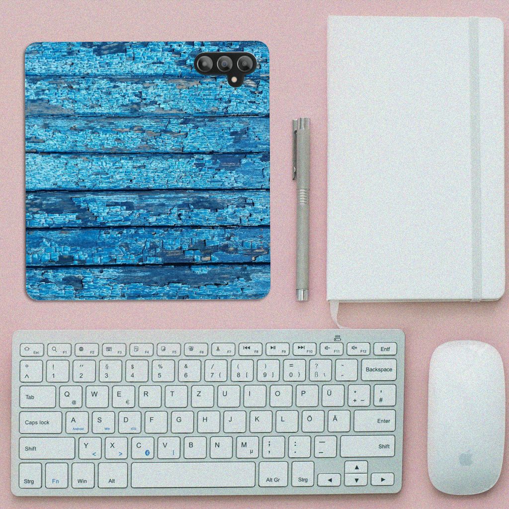Samsung Galaxy A14 4G Book Wallet Case Wood Blue blauw hout bovenaanzicht