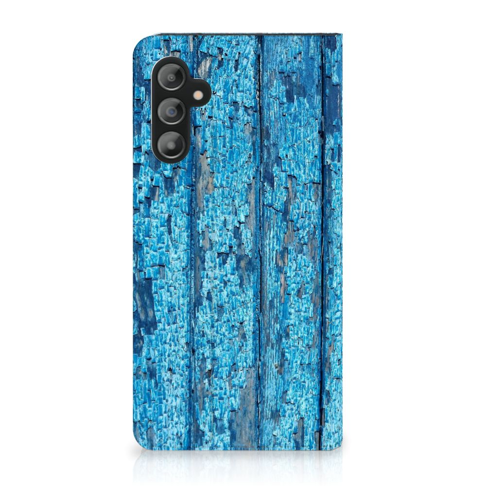 Samsung Galaxy A14 4G Book Wallet Case Wood Blue afgebladderd blauw hout achterkant