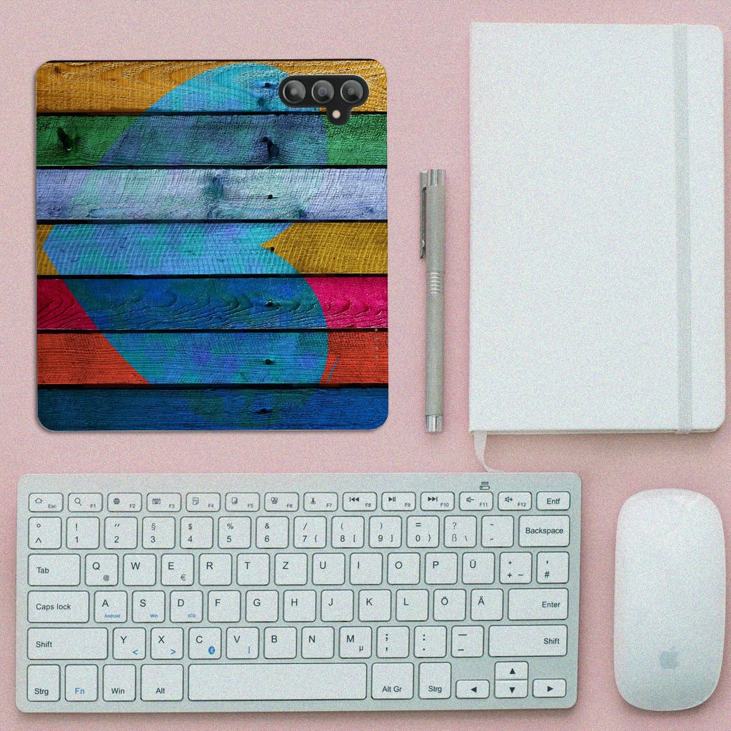 Samsung Galaxy A14 4G Book Wallet Case Wood Heart - Cadeau voor je Vriend met kleurrijk houten ontwerp.