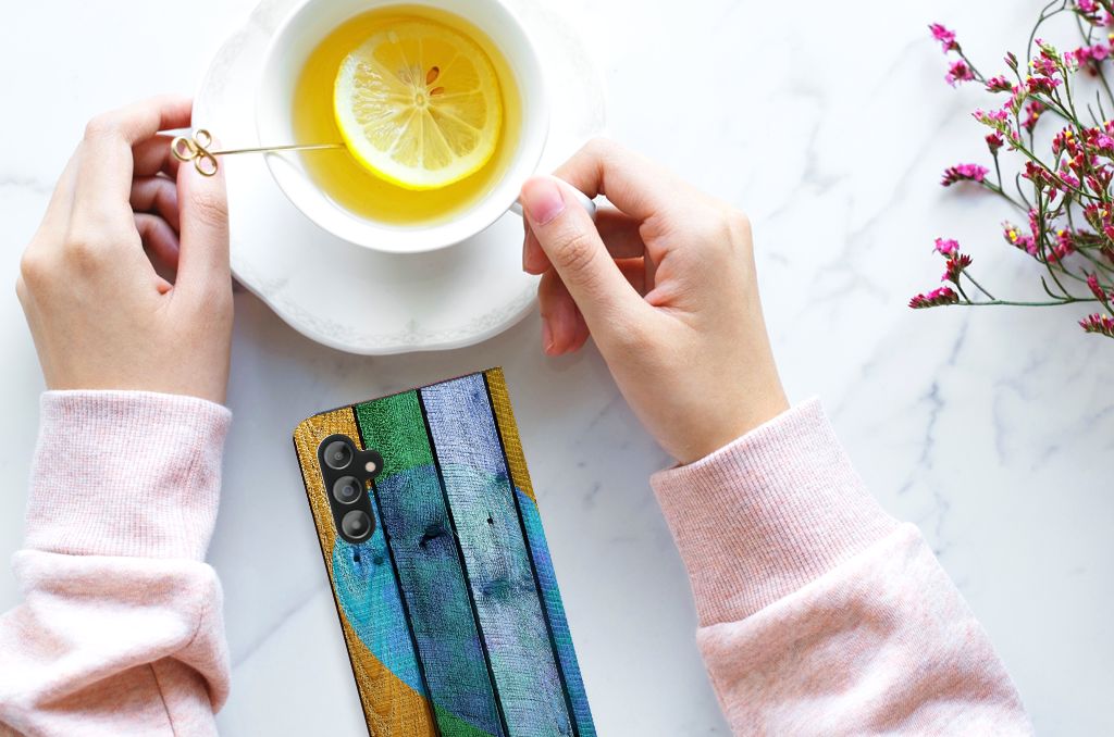 Samsung Galaxy A14 4G Book Wallet Case Wood Heart - Cadeau voor je Vriend met thee en een schijfje citroen.
