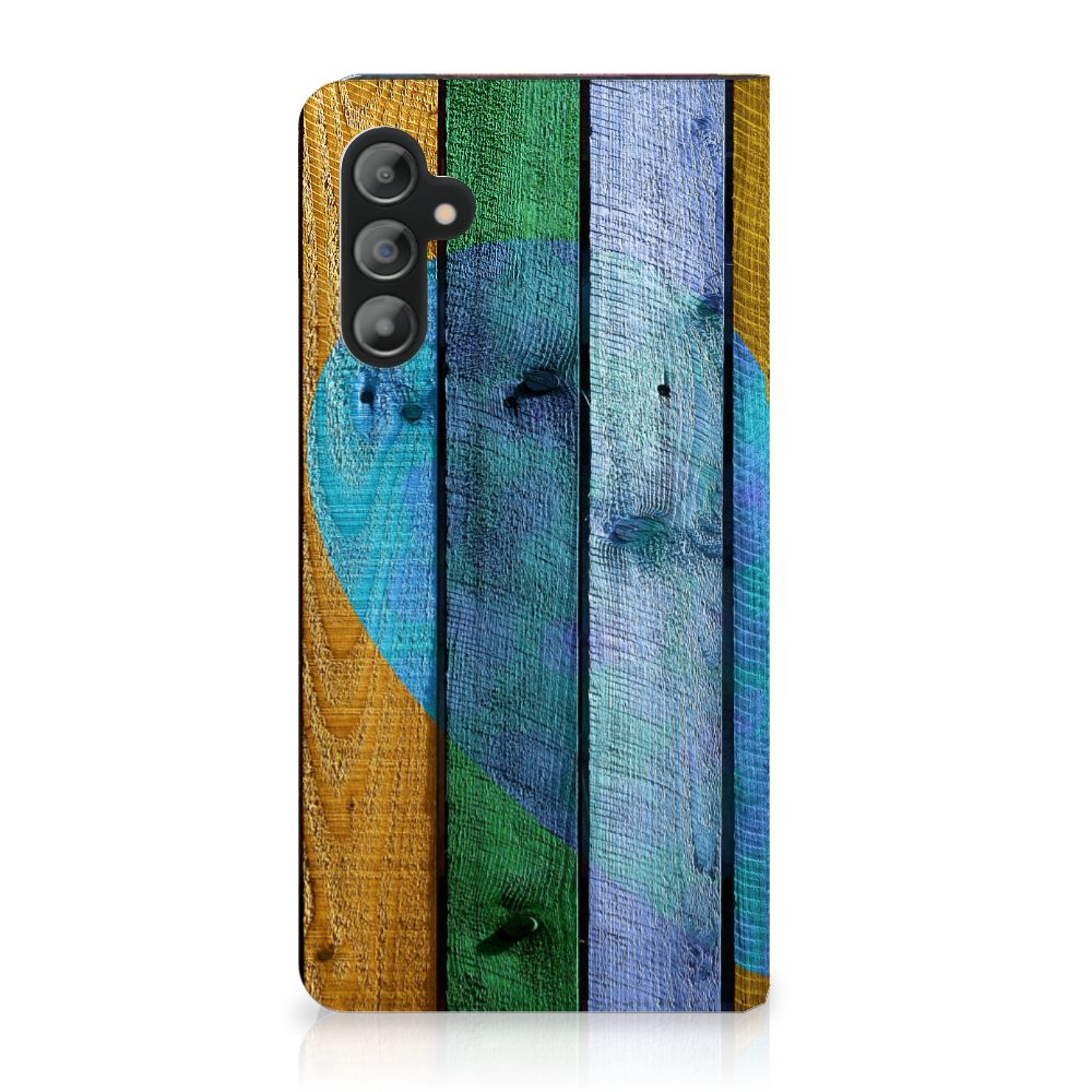 Samsung Galaxy A14 4G Book Wallet Case Wood Heart - Cadeau voor je Vriend met kleurrijke houten print