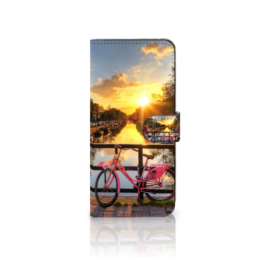 Samsung Galaxy A14 4G Flip Cover Amsterdamse Grachten met afbeelding van fiets en zonsondergang