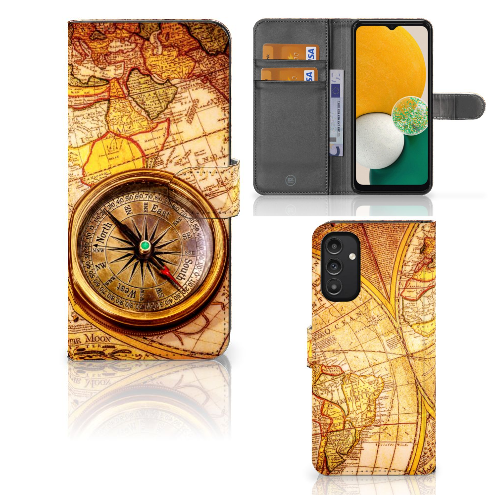 Samsung Galaxy A14 4G Flip Cover Kompas met magnetische sluiting en vintage kaart ontwerp