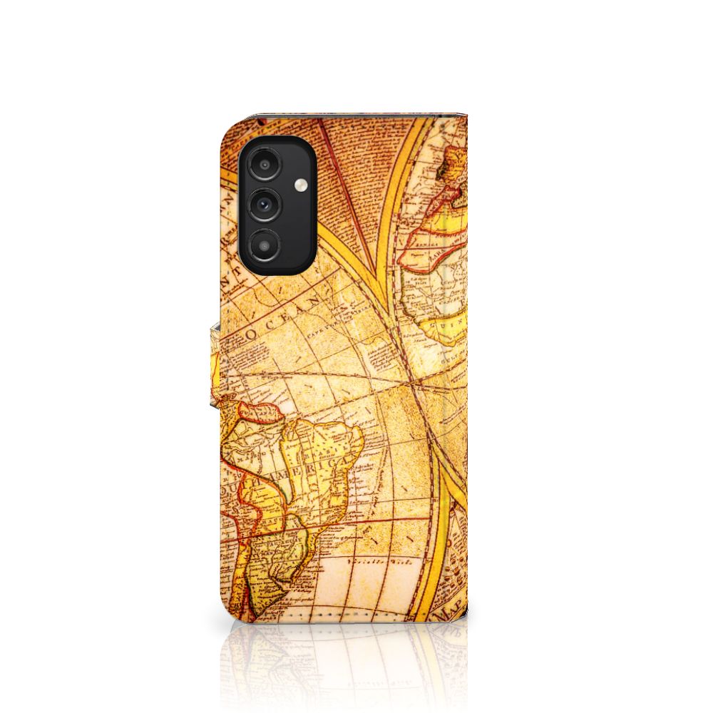 Samsung Galaxy A14 4G Flip Cover Kompas met vintage wereldkaartontwerp.