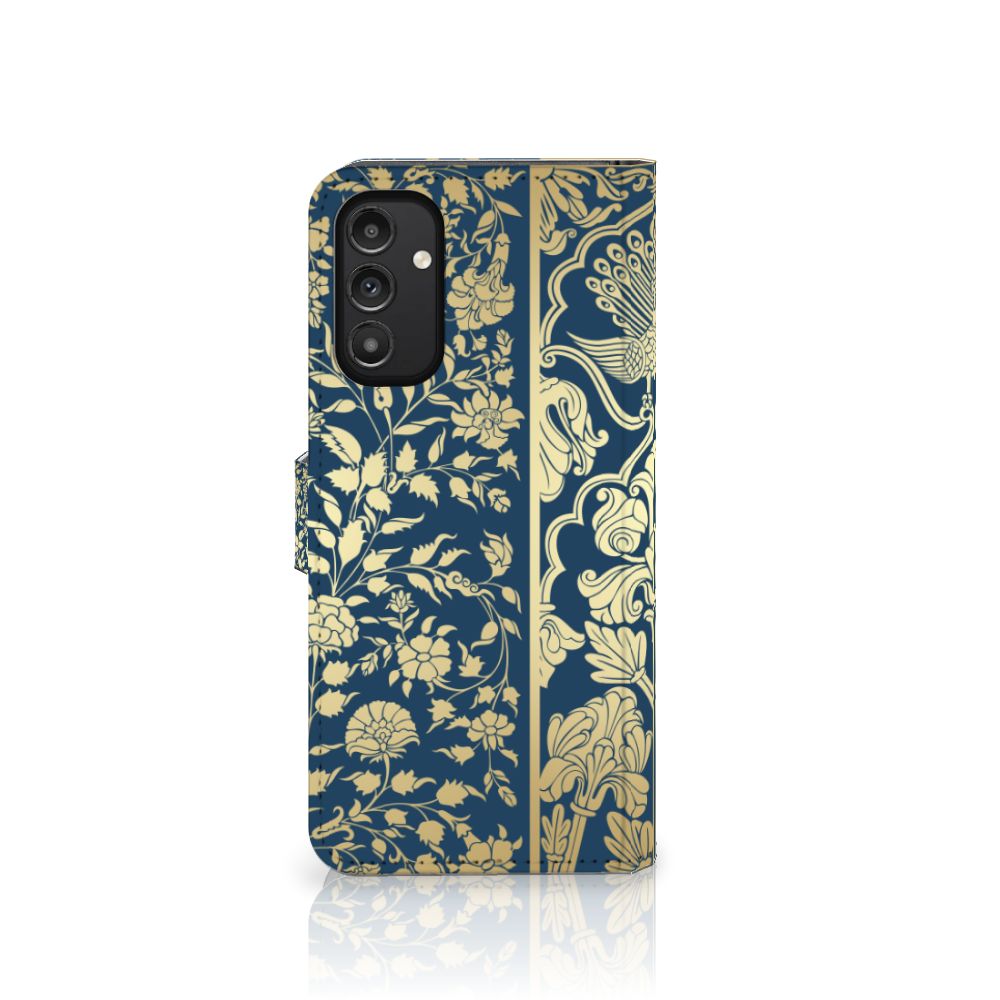 Samsung Galaxy A14 4G Hoesje Beige Flowers design luxe donkerblauw bloemen aanzicht