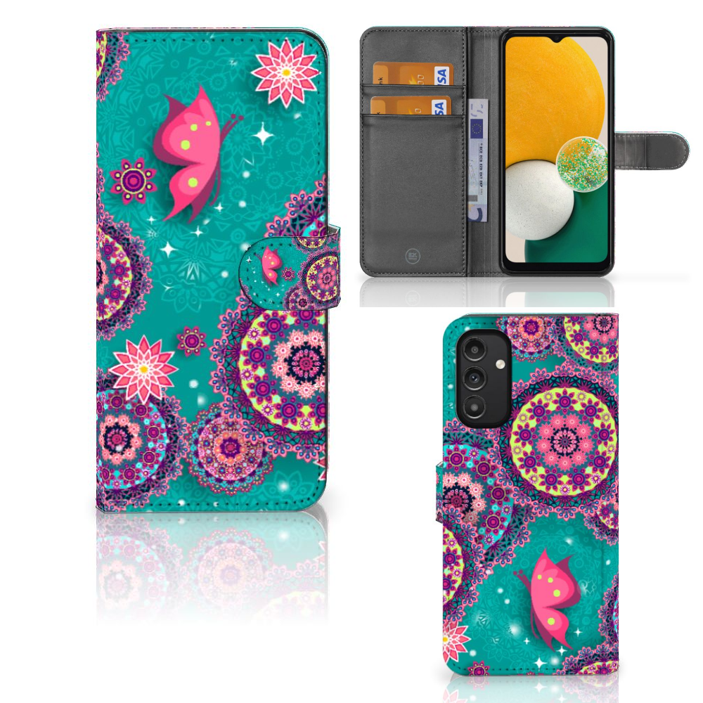 Samsung Galaxy A14 4G Hoesje Cirkels en Vlinders met kleurrijk design van vlinders en mandala's.