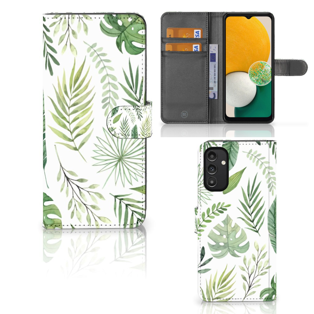Samsung Galaxy A14 4G Hoesje Leaves met patroon van groene bladeren en ruimte voor pasjes.
