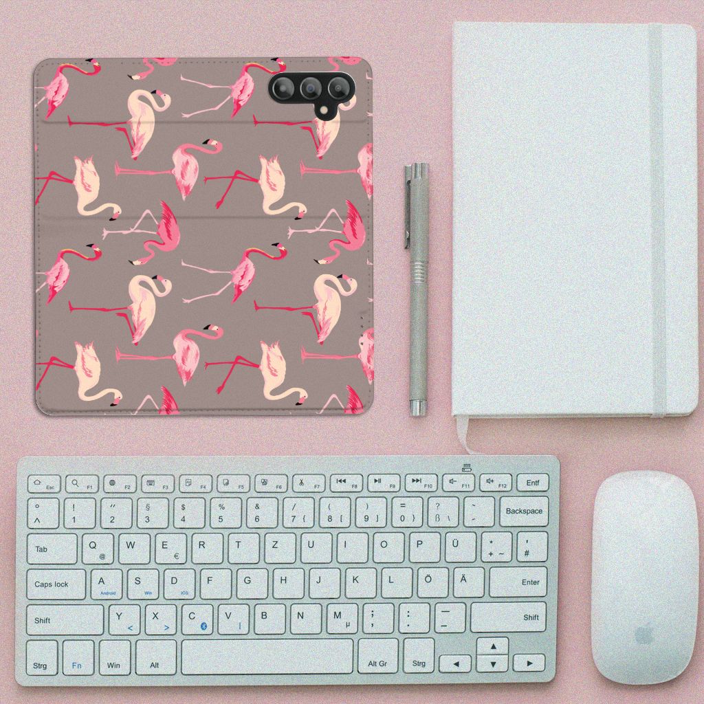 Samsung Galaxy A14 4G Hoesje maken Flamingo met rode flamingo's op een grijze achtergrond