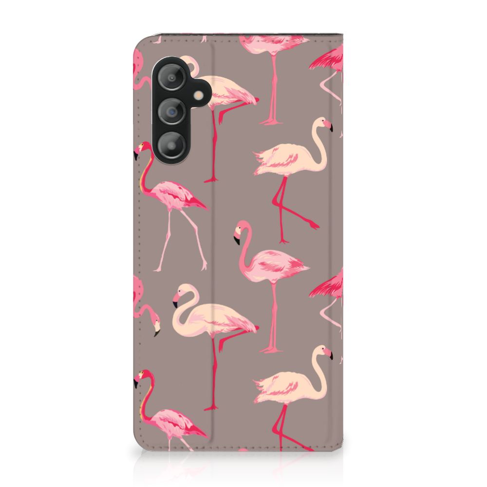 Samsung Galaxy A14 4G Hoesje maken Flamingo met rode flamingo's op een grijze achtergrond