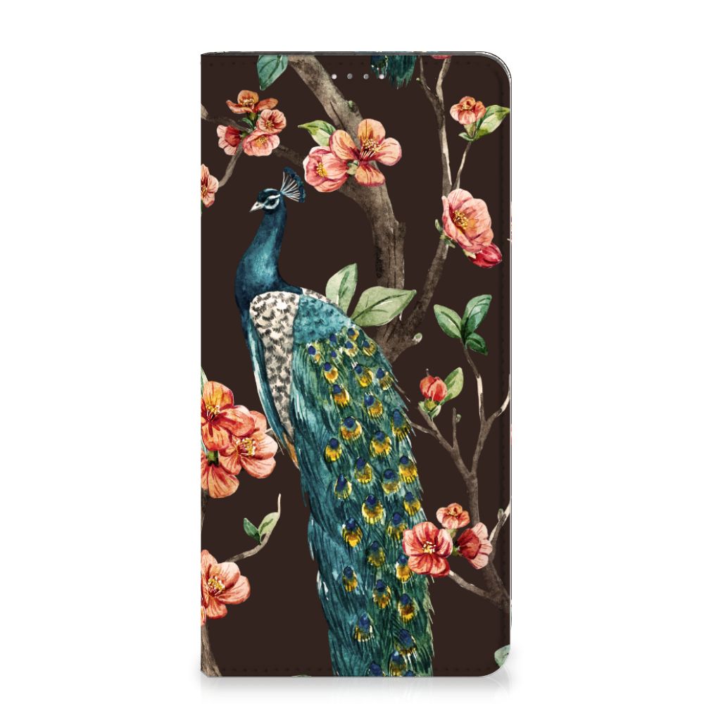 Samsung Galaxy A14 4G Hoesje maken Pauw met Bloemen design met pauw en bloemen op een donkere achtergrond.