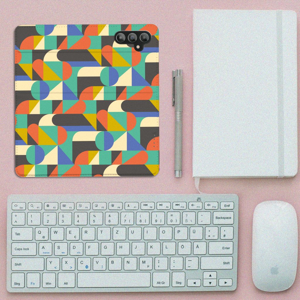 Samsung Galaxy A14 4G Hoesje met Magneet Funky Retro design kleurrijk artistiek bovenaanzicht